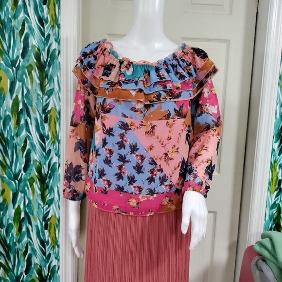 Bar III Women's Multicolor Floral Off-Shoulder Floral Ruffle Top Size Medium - Picture 2 of 12
